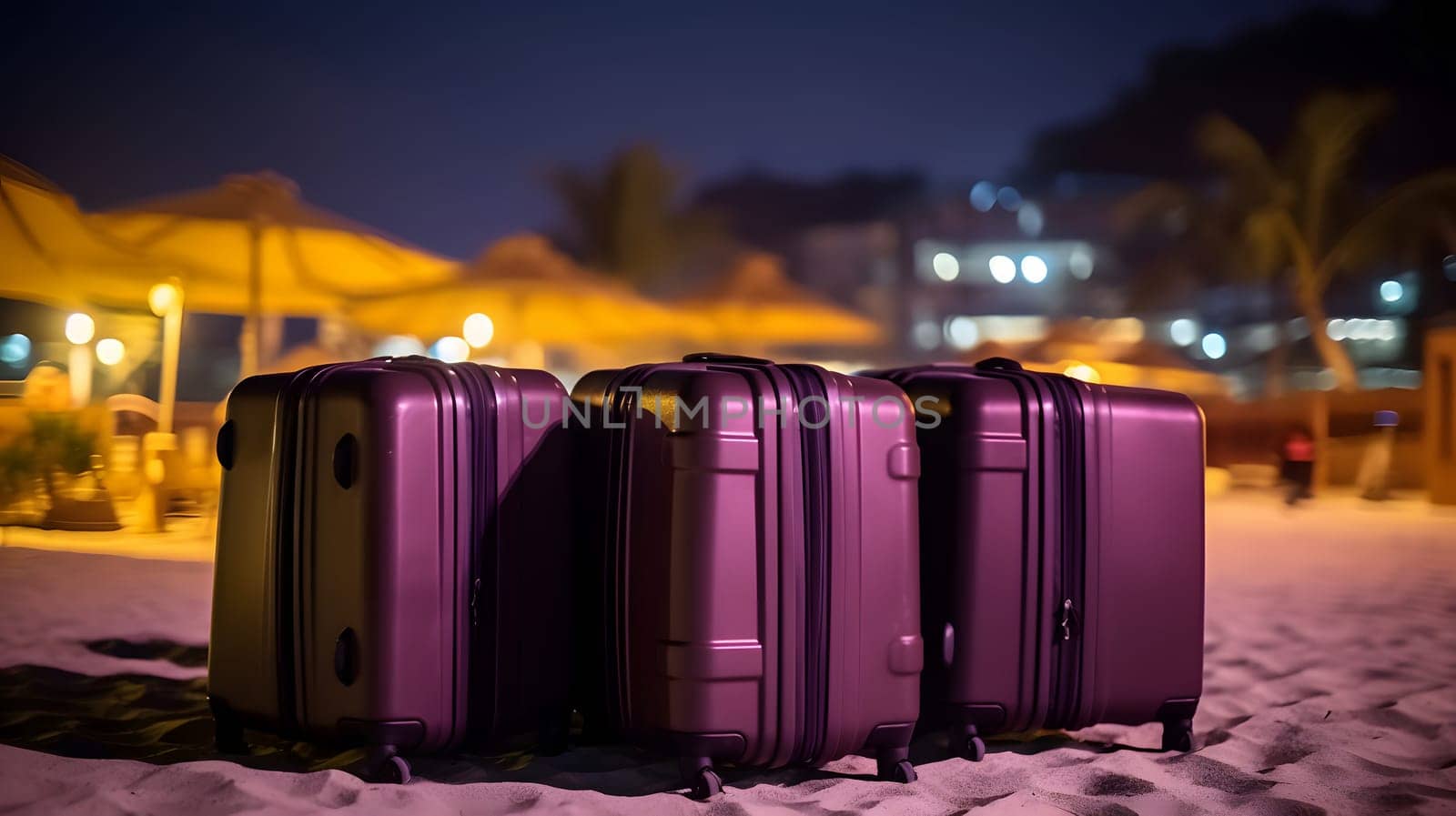 Few modern suitcases on tropical resort beach at night. Neural network generated in May 2023. Not based on any actual person, scene or pattern.