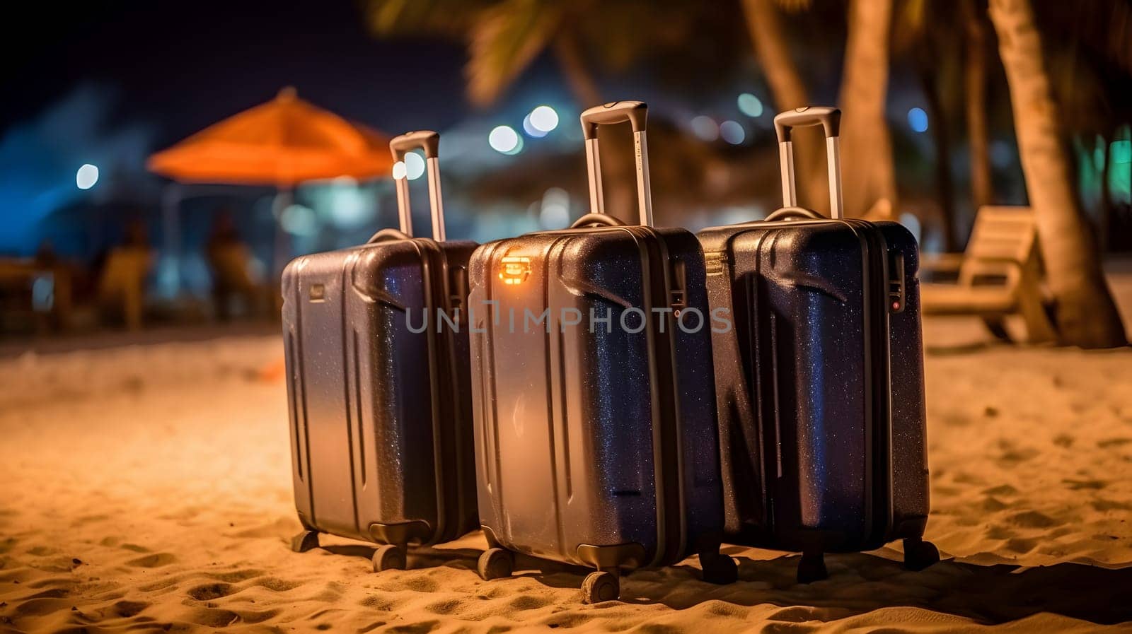 Few modern suitcases on tropical resort beach at night. Neural network generated in May 2023. Not based on any actual person, scene or pattern.