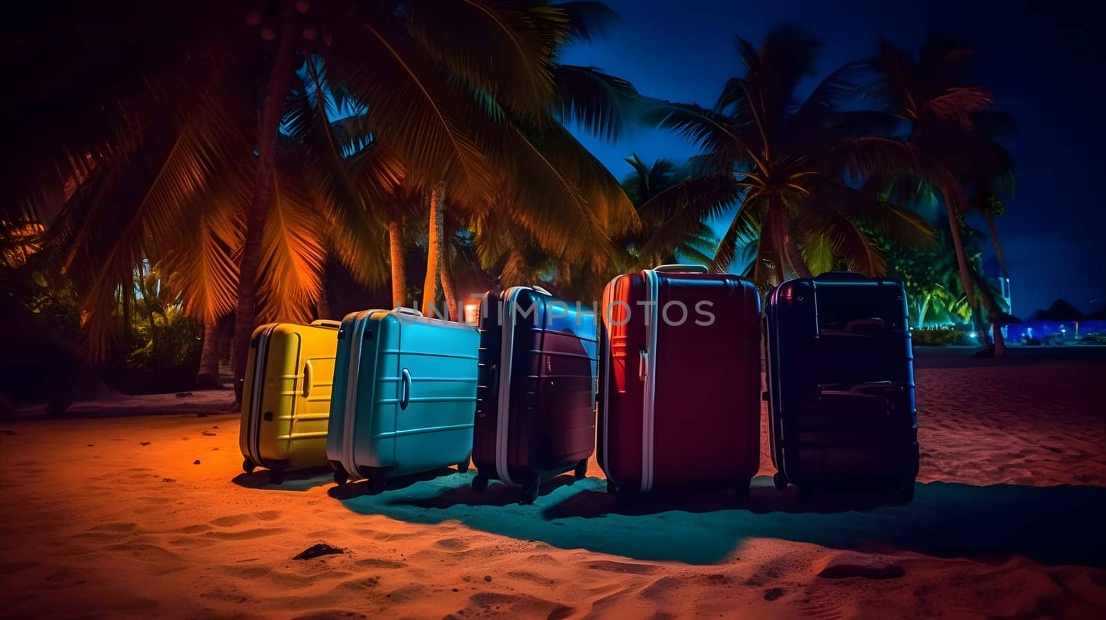 few modern suitcases on tropical resort beach at night, neural network generated art by z1b