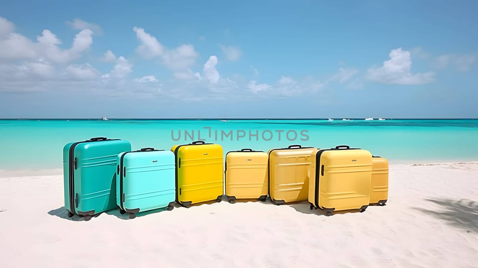 Few modern suitcases on tropical resort beach at sunny day. Neural network generated in May 2023. Not based on any actual person, scene or pattern.