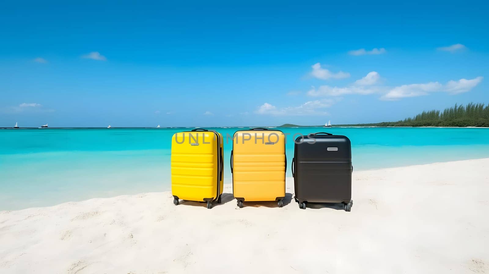 Few modern suitcases on tropical resort beach at sunny day. Neural network generated in May 2023. Not based on any actual person, scene or pattern.