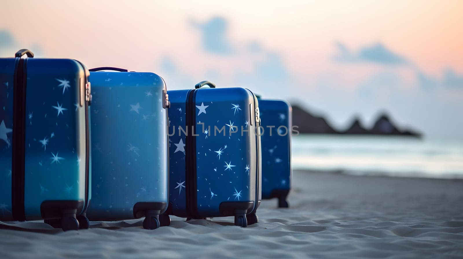 Few modern blue suitcases on tropical resort beach at morning, neural network generated art by z1b