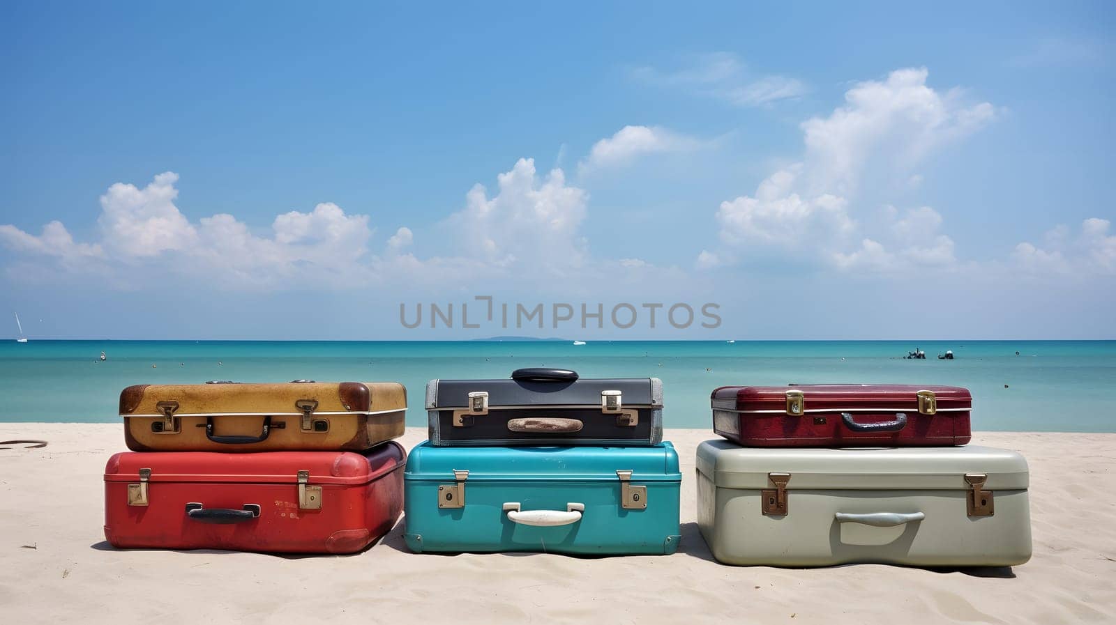 Few old-style leather or fiber suitcases laid on sand on sunny tropical beach, neural network generated art by z1b