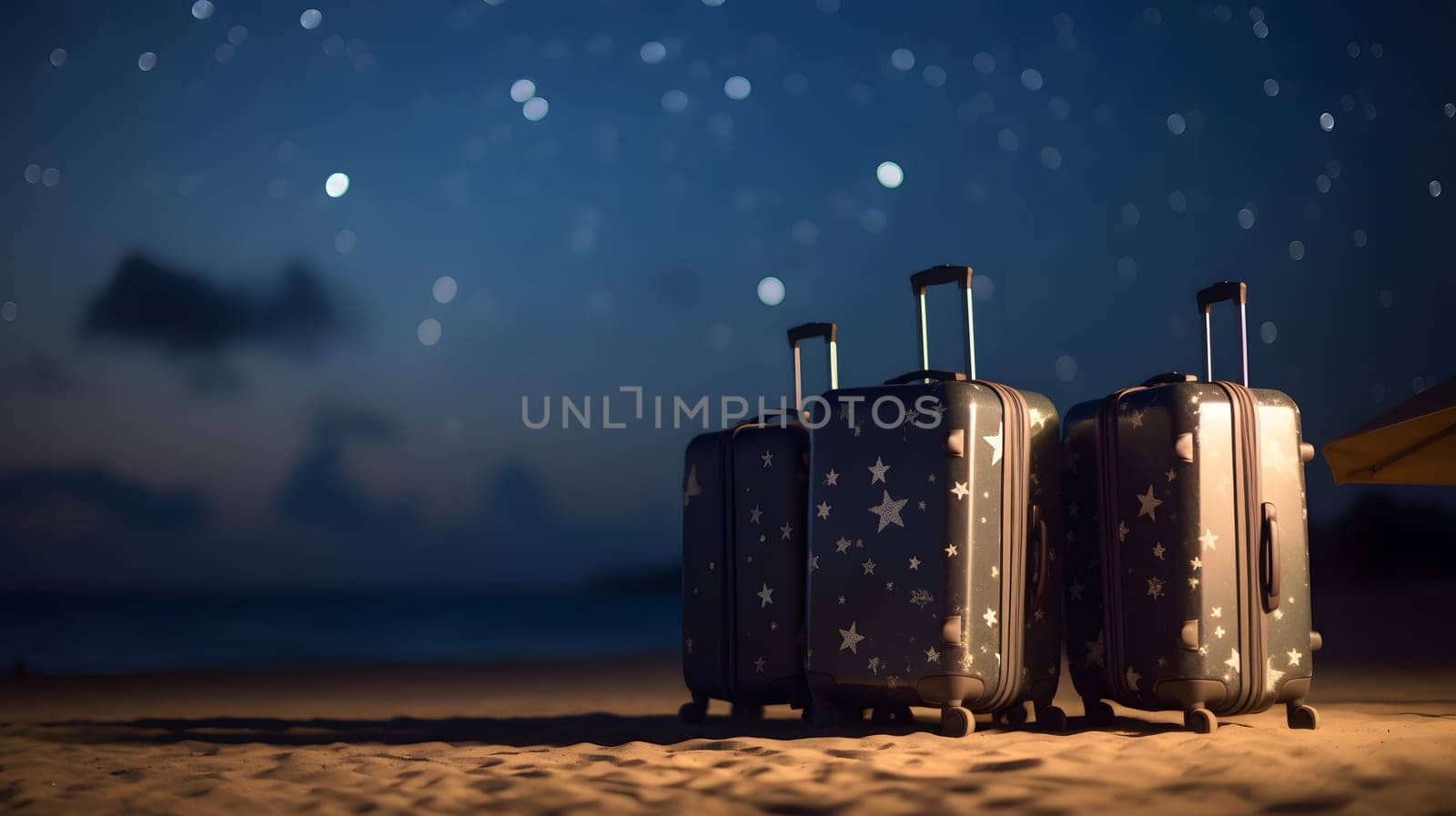 Three modern plastic suitcases on tropical resort beach at night. Neural network generated in May 2023. Not based on any actual person, scene or pattern.