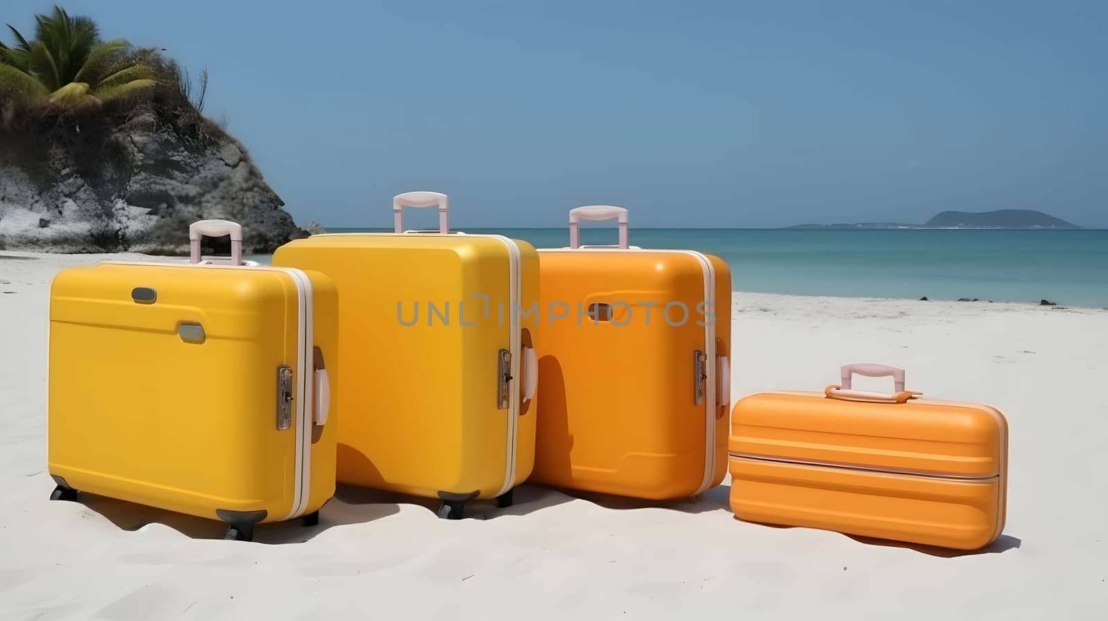 Few modern yellow suitcases on tropical resort beach at sunny day. Neural network generated in May 2023. Not based on any actual person, scene or pattern.