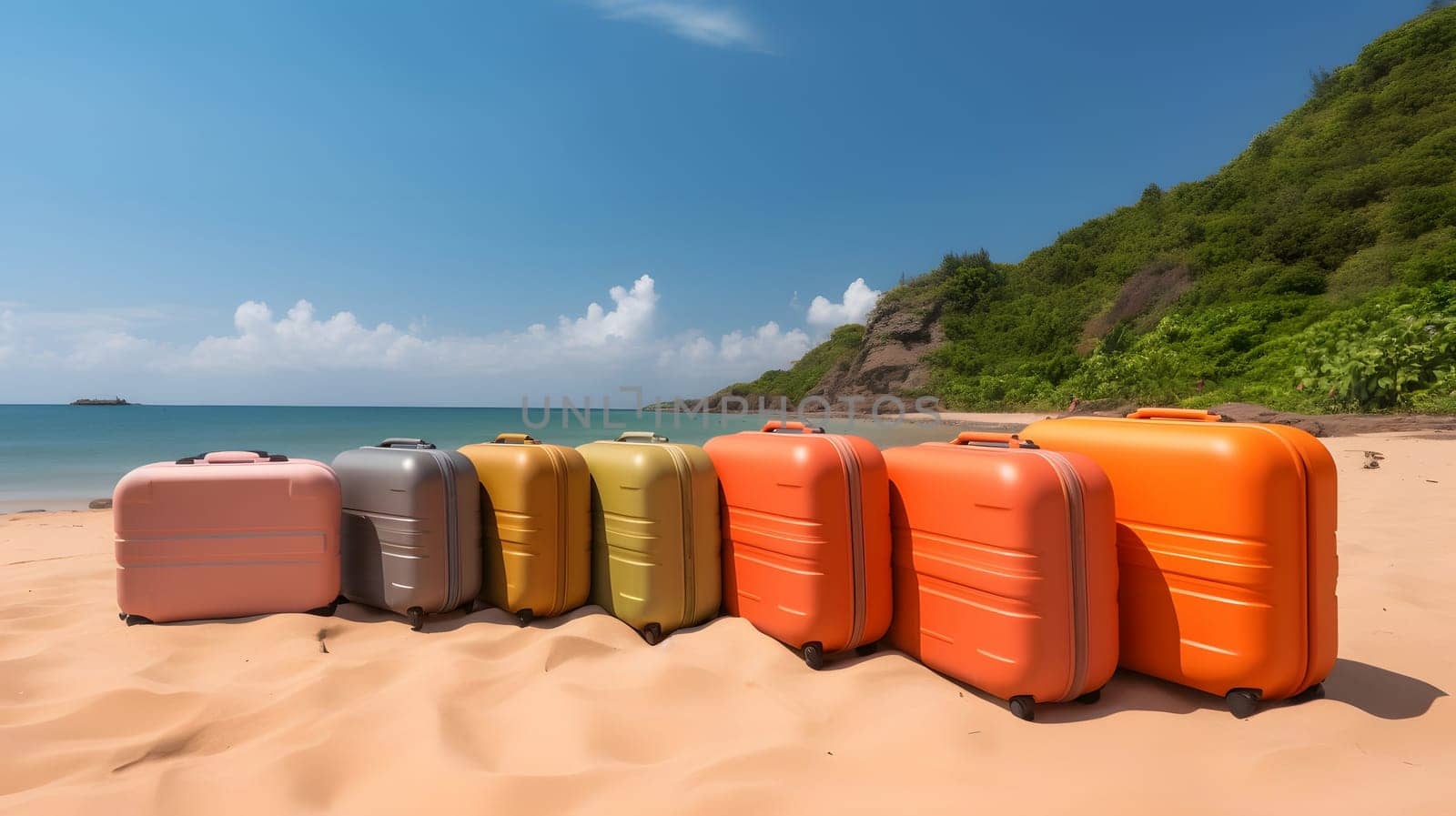 row of modern suitcases on tropical resort beach at sunny day, neural network generated art by z1b