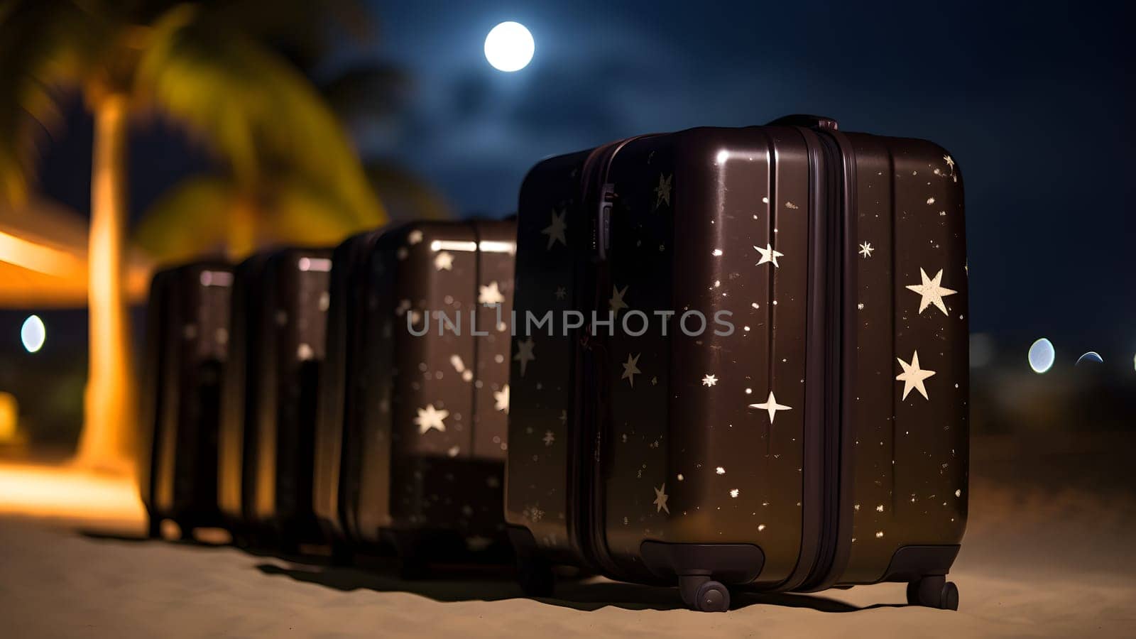 Few modern suitcases on tropical resort beach at night. Neural network generated in May 2023. Not based on any actual person, scene or pattern.