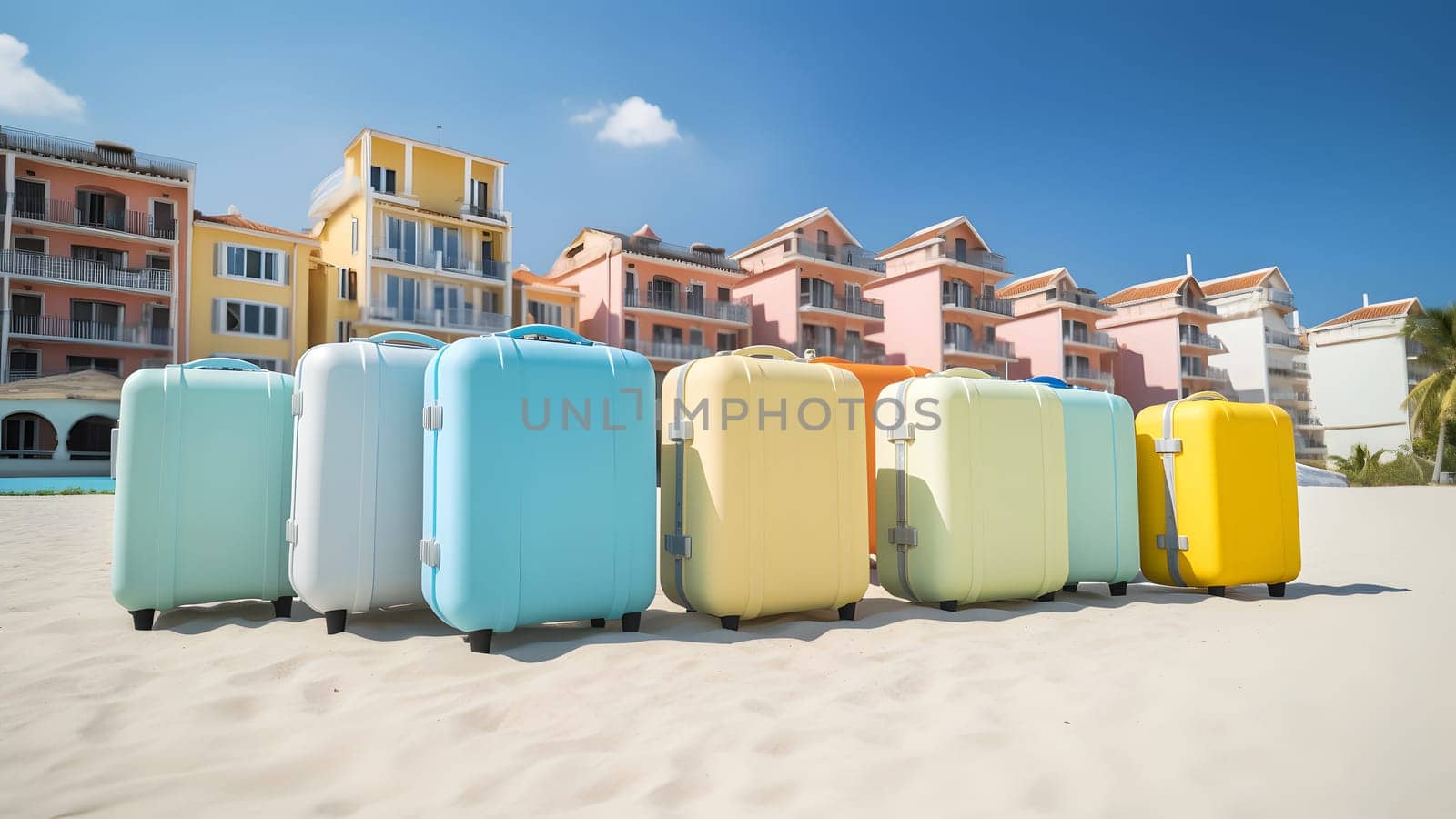 Few modern suitcases on tropical resort beach in front of coast town houses at sunny day. Neural network generated in May 2023. Not based on any actual person, scene or pattern.