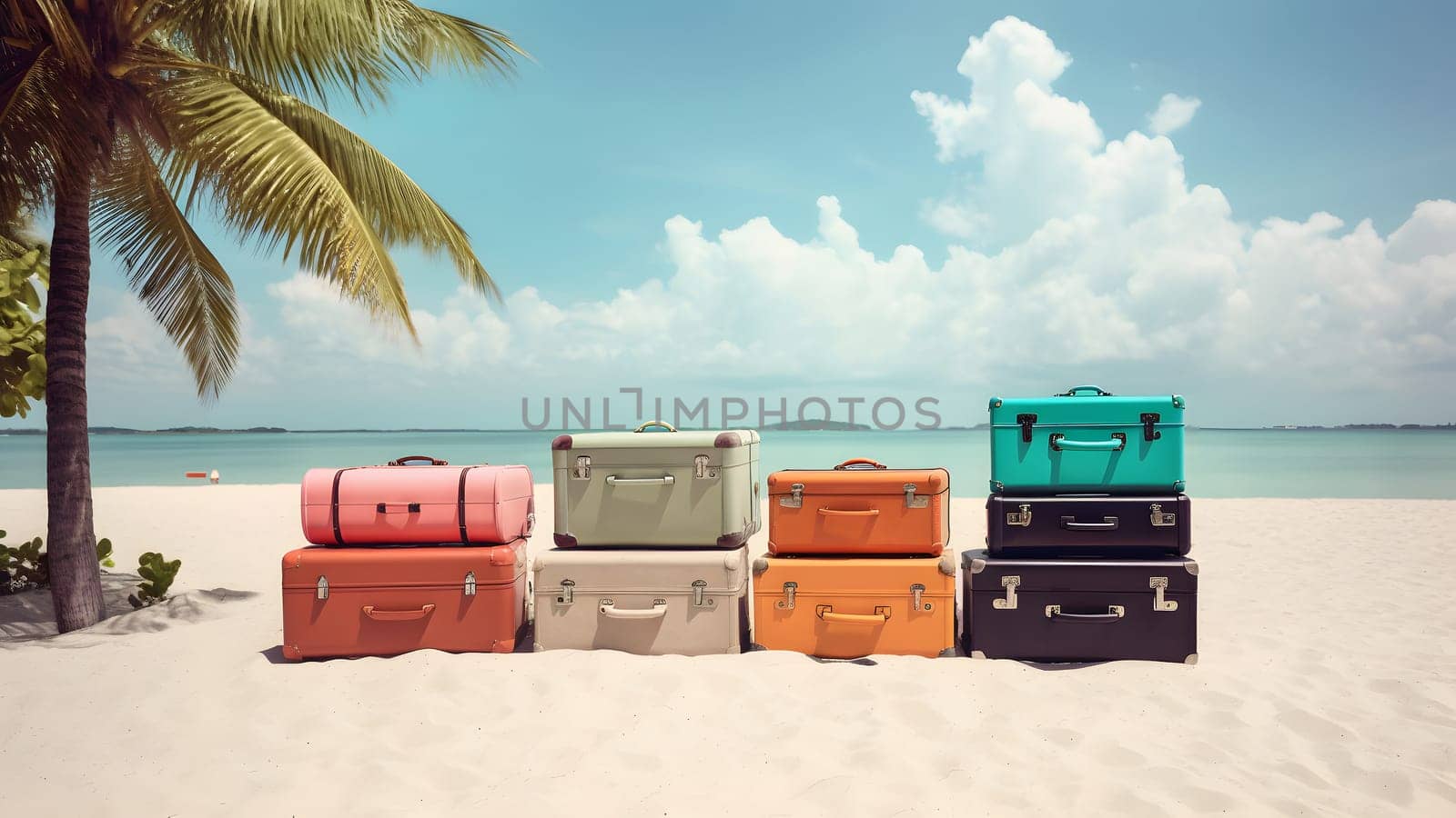 Few old-style leather or fiber suitcases laid on sand on sunny tropical beach. Neural network generated in May 2023. Not based on any actual person, scene or pattern.
