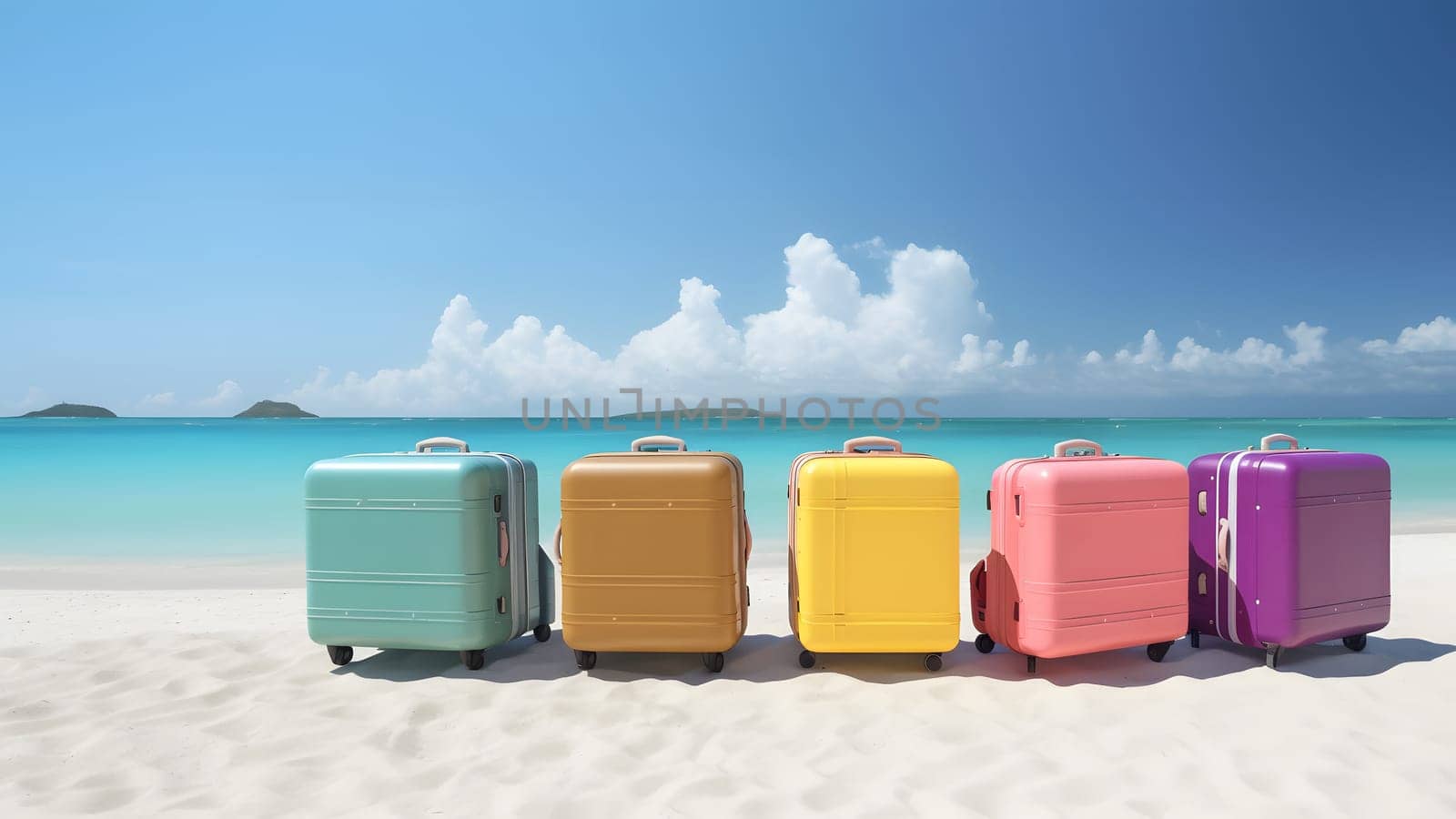 few modern suitcases on tropical resort beach at sunny day, neural network generated art by z1b