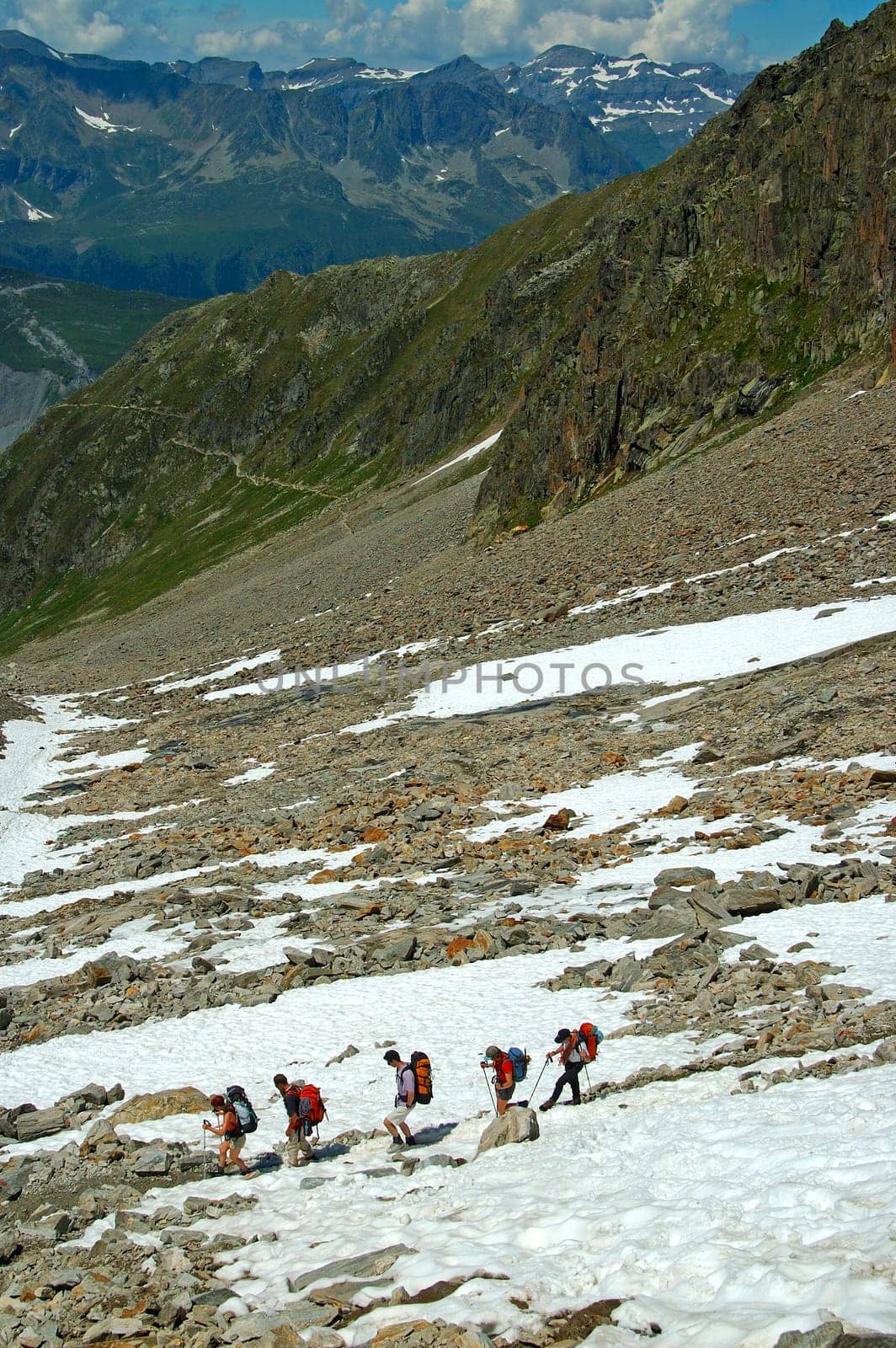 crossing a snowfield,Alps