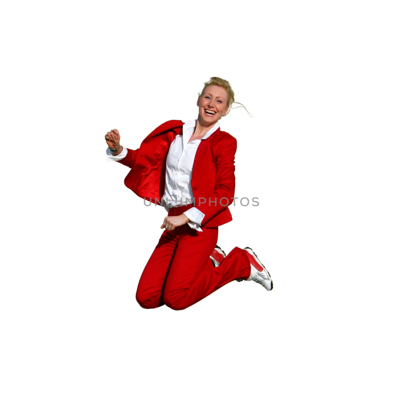 blonde woman jumping