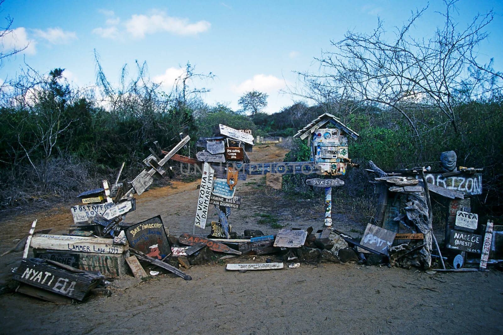 The legendary Post Office Box on the Galápagos island of Floreana has existed for several centuries. Initially used only by whalers as a post box,the box was eventually used as a "post office"" by all visitors to the island. Sailors leg"