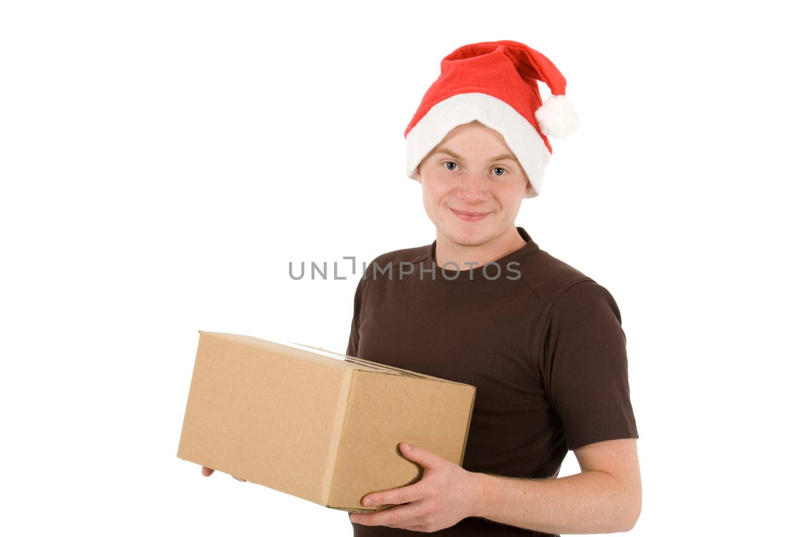 A man with a Santa Claus hat with a package in his hand