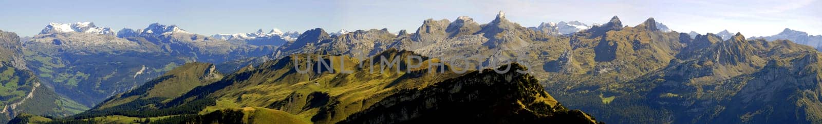 Fantastic view over the Schwyz,Glarus and Uri Alps. On the left hand side you can see the Muota valley,which continues into the Bisis valley. Central Switzerland is an ideal destination for hiking holidays for the whole family. ---The panorama is made up of five individual images