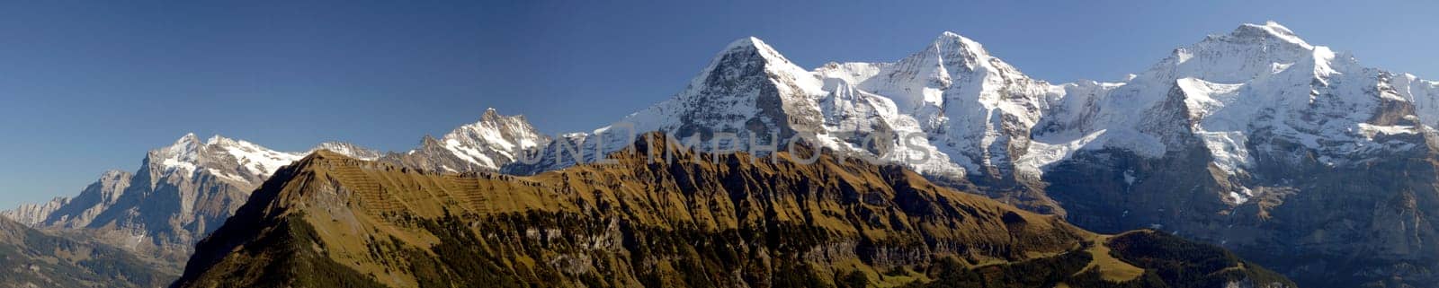 from left to right - Wetterhorn,Schreckhorn,Eiger,Mönch and the Jungfrau. In the foreground is the Lauberhorn,where the traditional men's downhill run of skiers takes place every year.