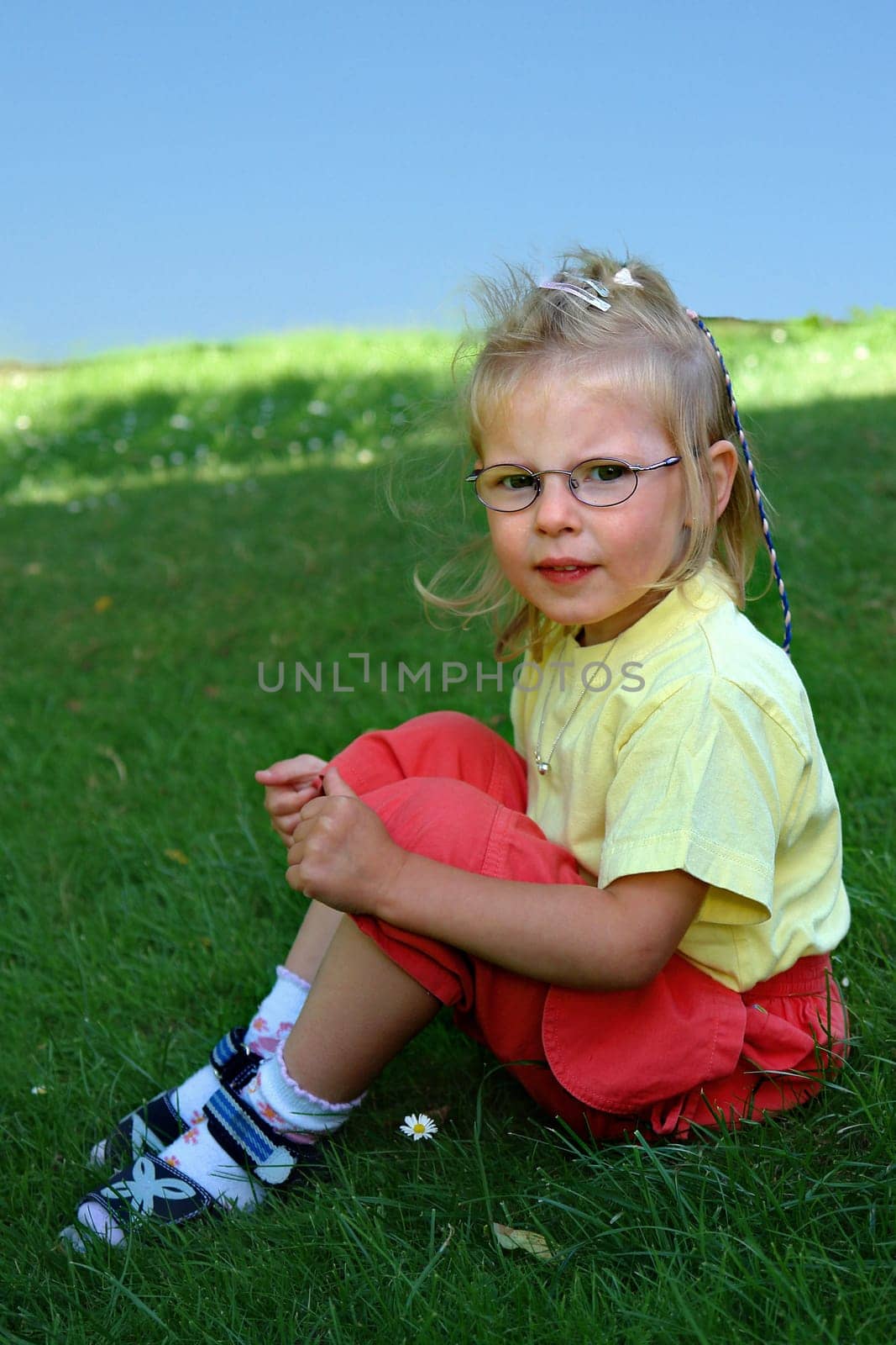 Girl 3 years sitting on meadow