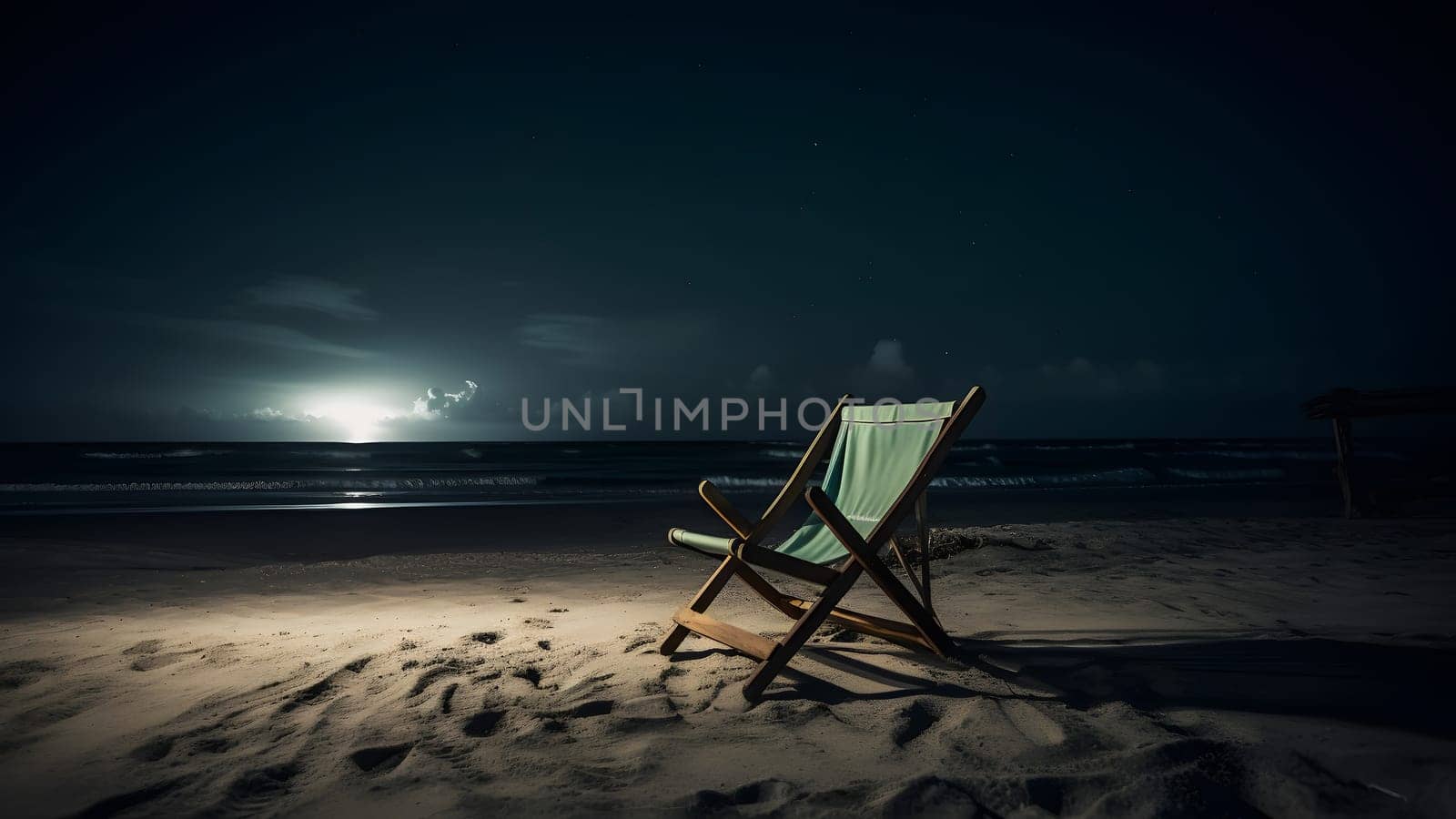 Empty beach chair on sand beach at night - summer vacation theme. Neural network generated in May 2023. Not based on any actual person, scene or pattern.