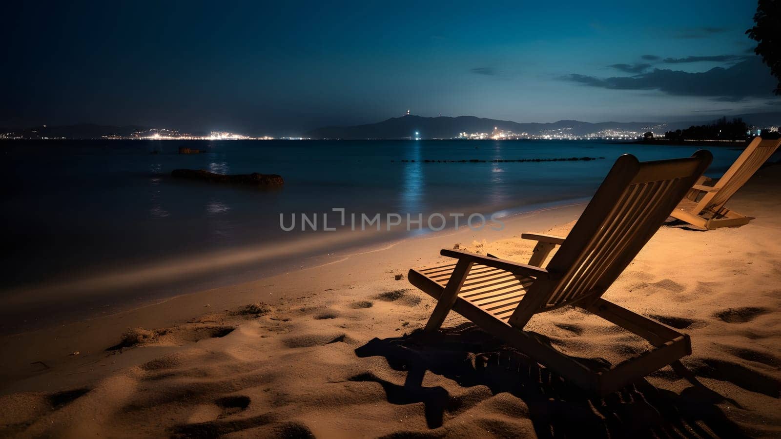 Two empty wooden beach chairs on sand beach at night - summer vacation theme. Neural network generated in May 2023. Not based on any actual person, scene or pattern.