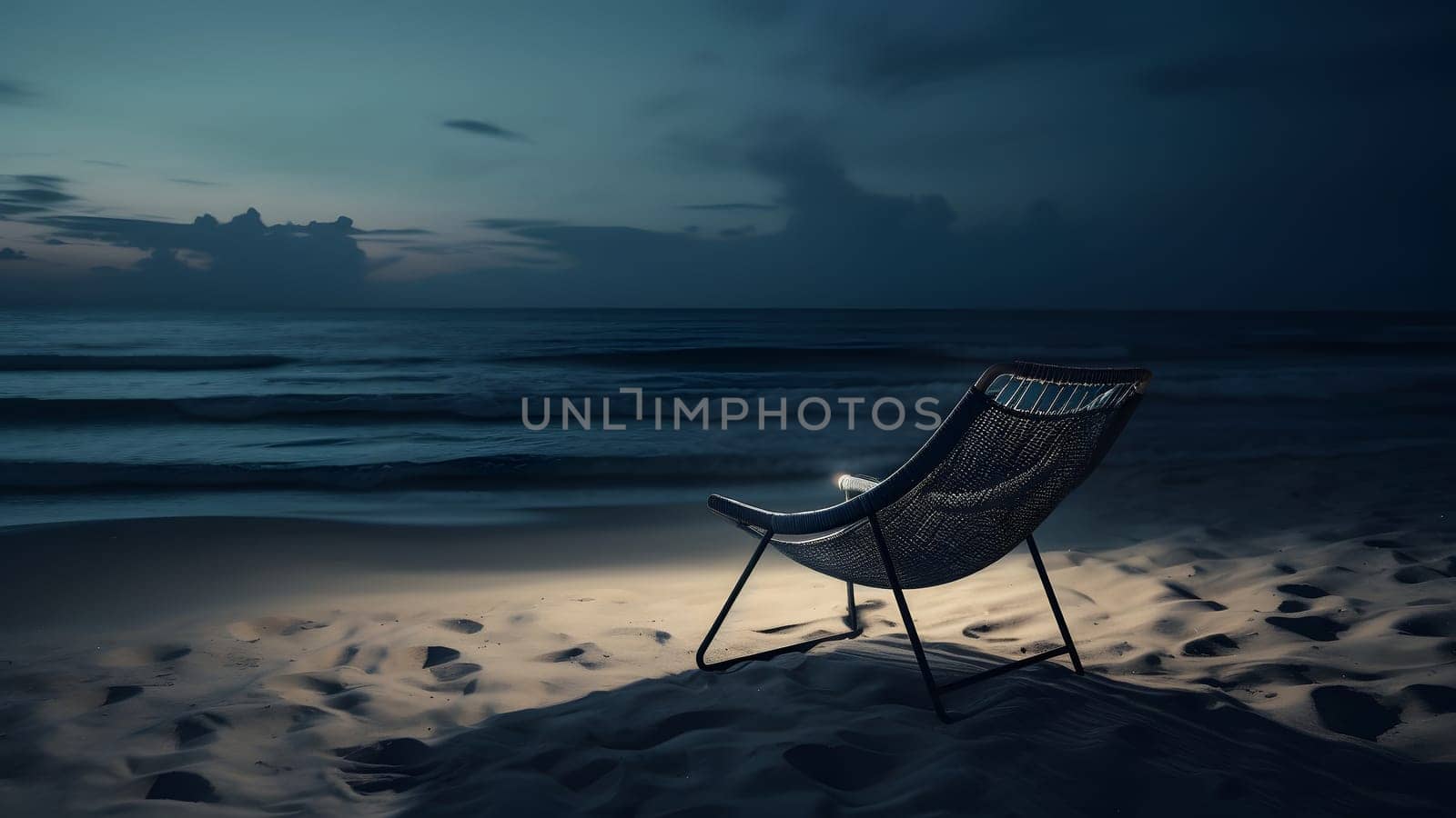 Empty beach chair on sand beach at night - summer vacation theme, neural network generated art by z1b
