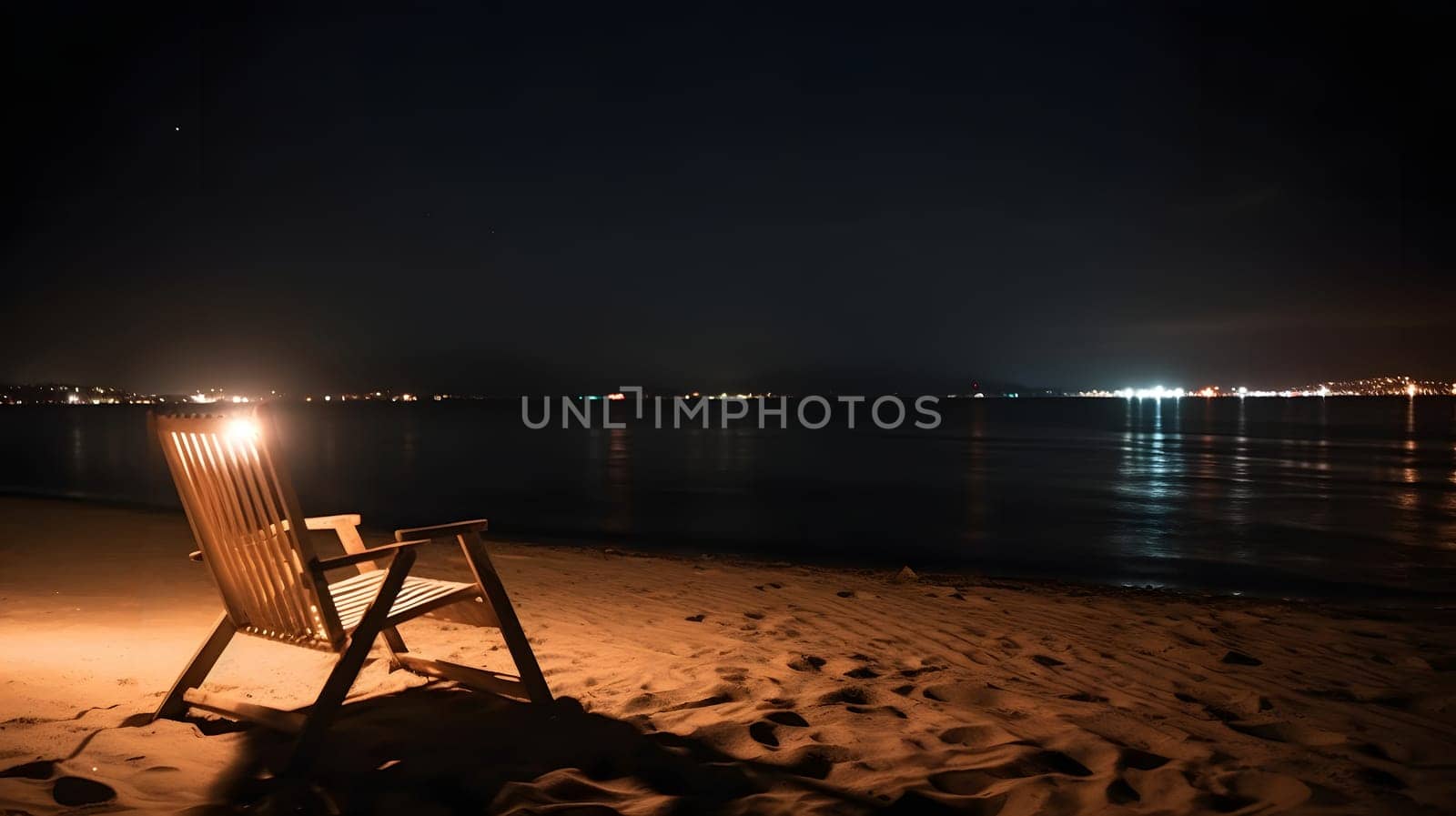 Vacant wooden beach chair on sand beach at night - summer vacation theme, neural network generated art by z1b