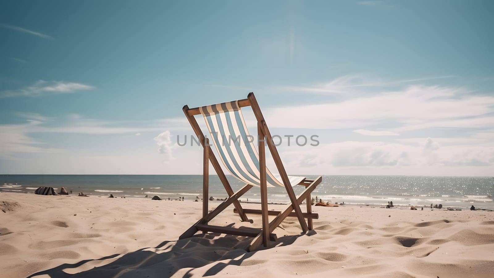 Empty beach chair on sand beach at summer day. Neural network generated in May 2023. Not based on any actual person, scene or pattern.