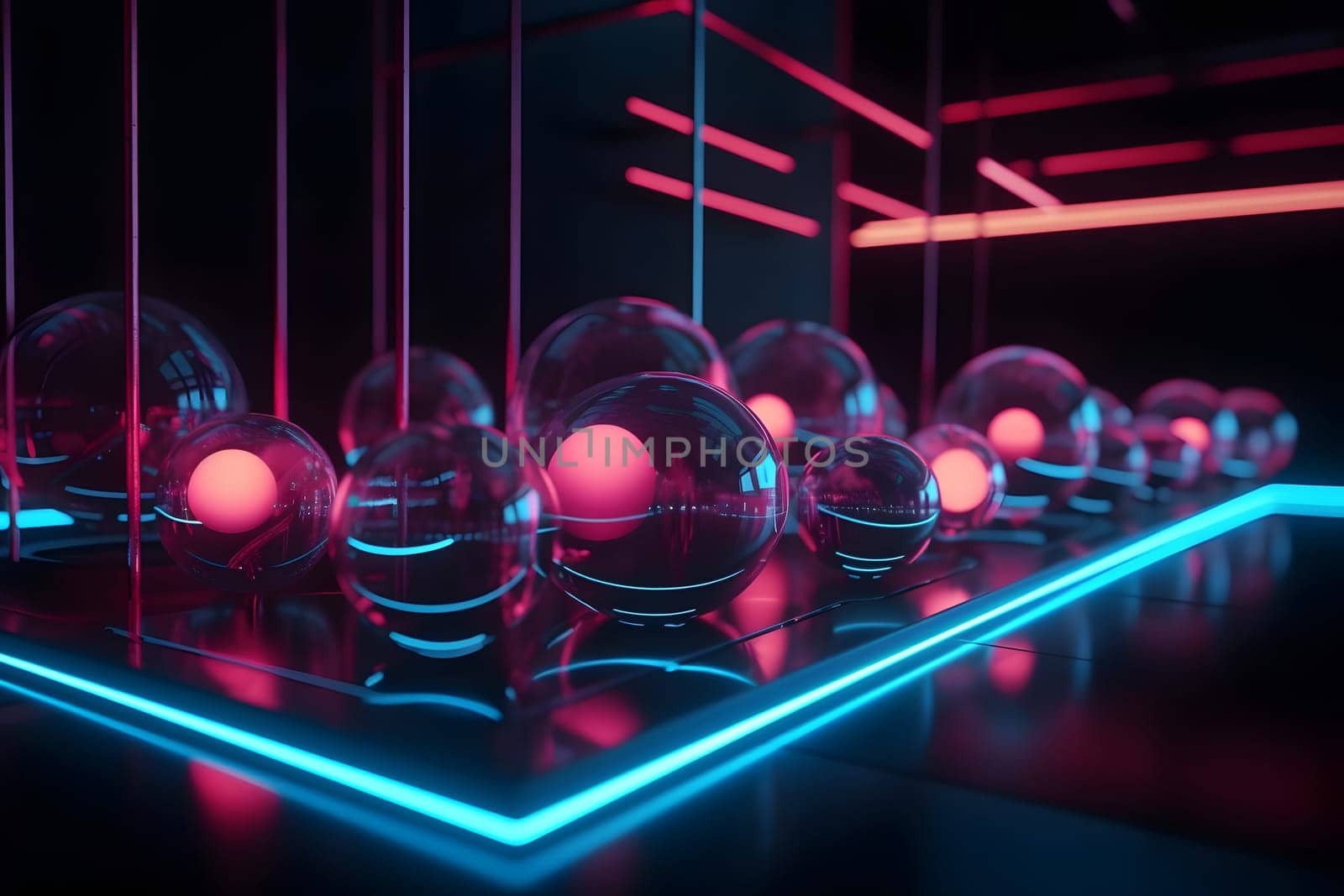 abstract dark neon lit background with glass balls. Neural network generated in May 2023. Not based on any actual person, scene or pattern.