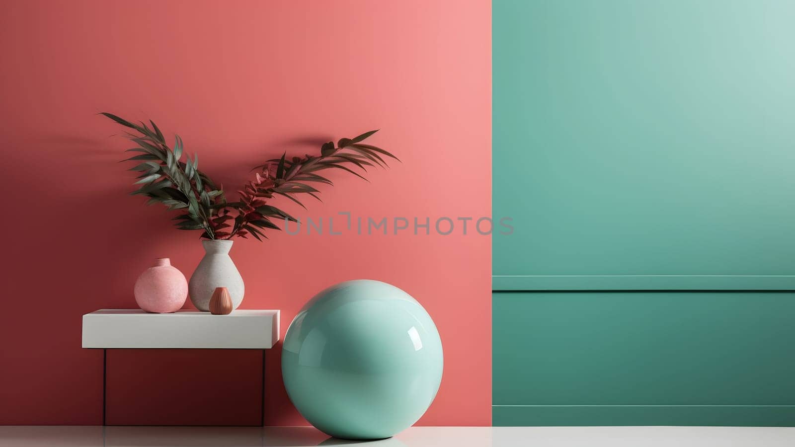 minimalistic composition scene with turquoise ball on white floor and coral pink wall near a vase with green plant. Neural network generated in May 2023. Not based on any actual scene or pattern.