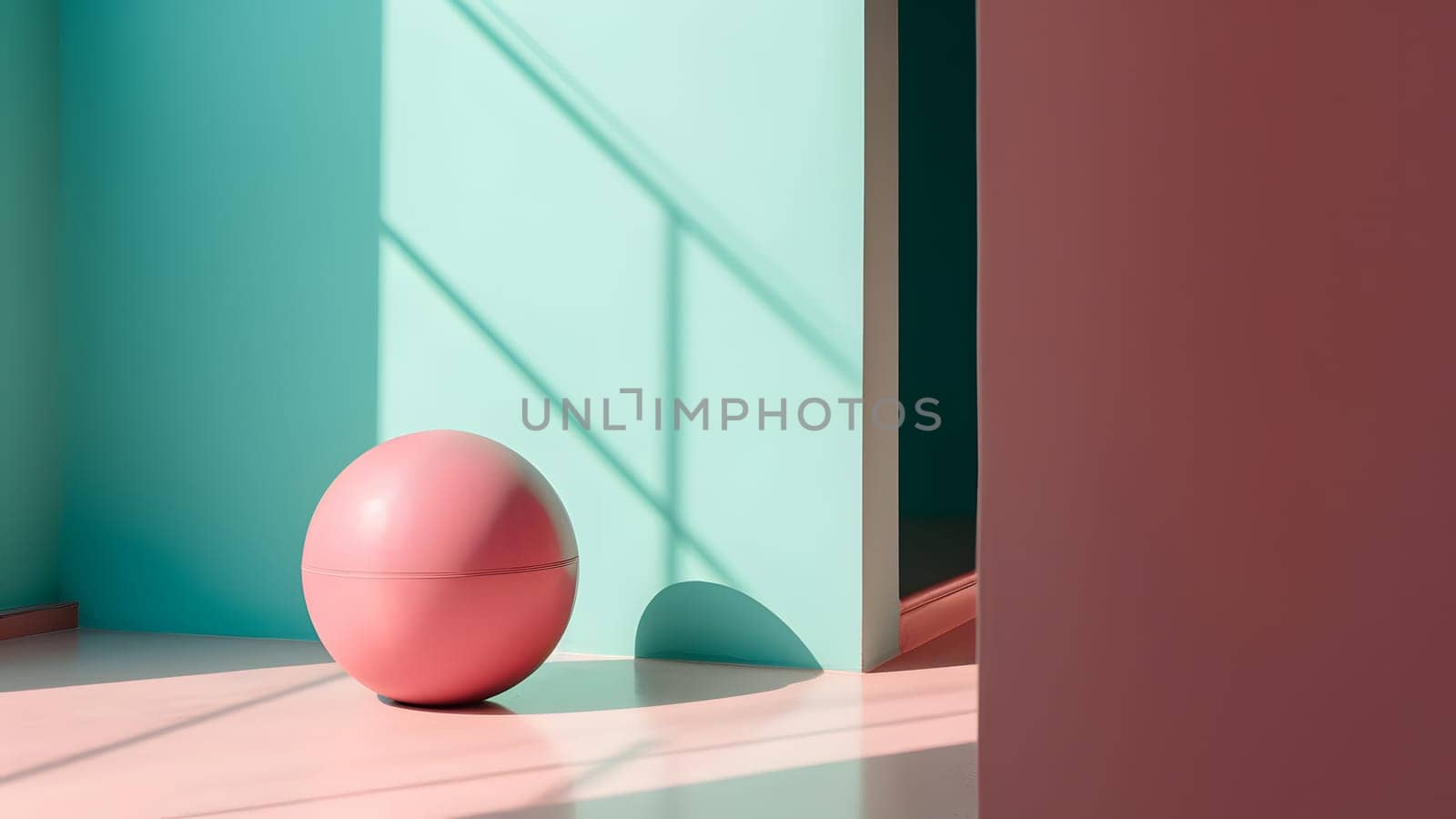 abstract minimalistic composition scene with pink gloss ball on pastel pink horizontal surface near pastel green wall, neural network generated picture by z1b