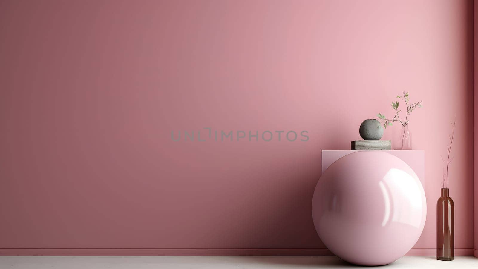 minimalistic composition scene with pastel pink ball on white floor and coral pink wall near a vase with green plant. Neural network generated in May 2023. Not based on any actual scene or pattern.