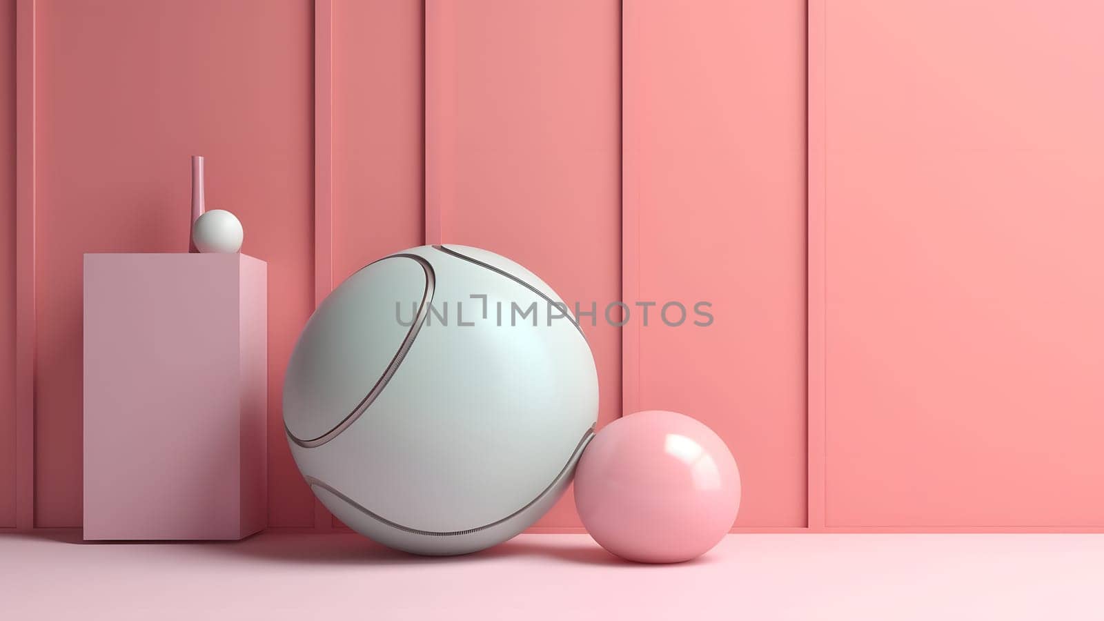 minimalistic composition scene with pastel pink ball on white floor and coral pink wall near a vase with green plant. Neural network generated in May 2023. Not based on any actual scene or pattern.