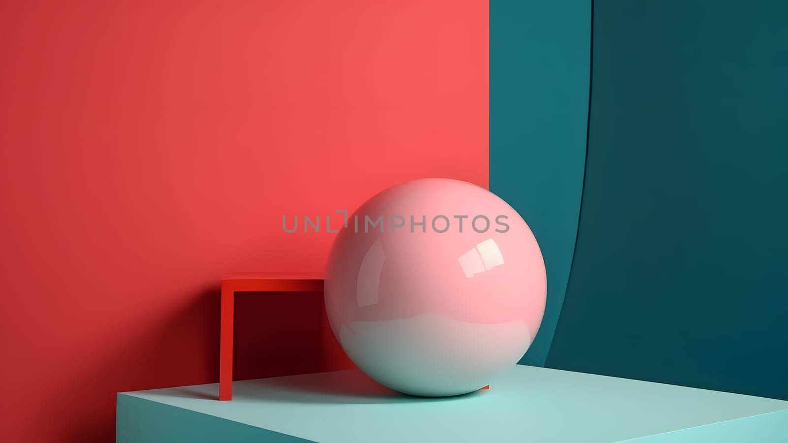 abstract minimalistic composition with gloss pink ball on red and green walls with turquoise floor, neural network generated image by z1b