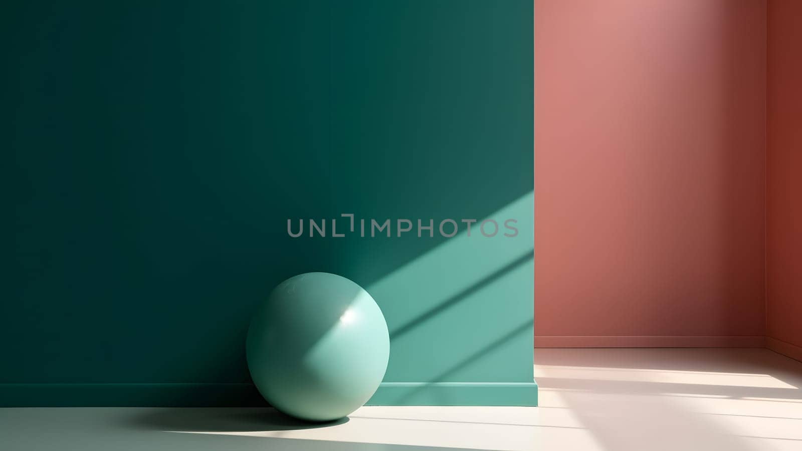 abstract minimalistic composition scene with green gloss ball on white horizontal surface near green wall, neural network generated picture by z1b
