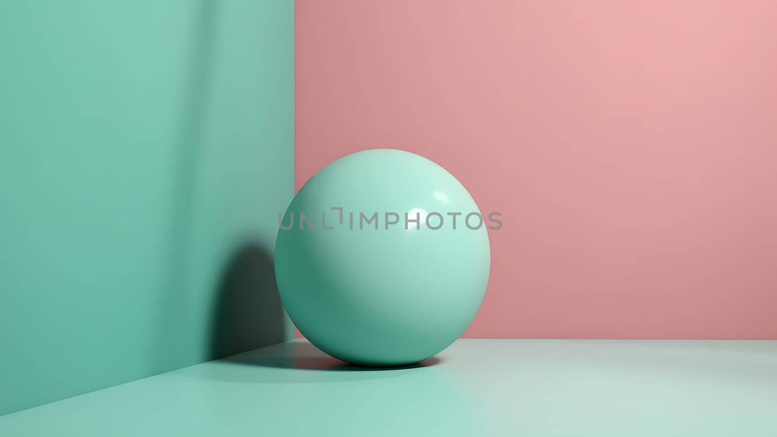abstract minimalistic composition scene with pastel green gloss ball near green and pink walls. Neural network generated in May 2023. Not based on any actual scene.