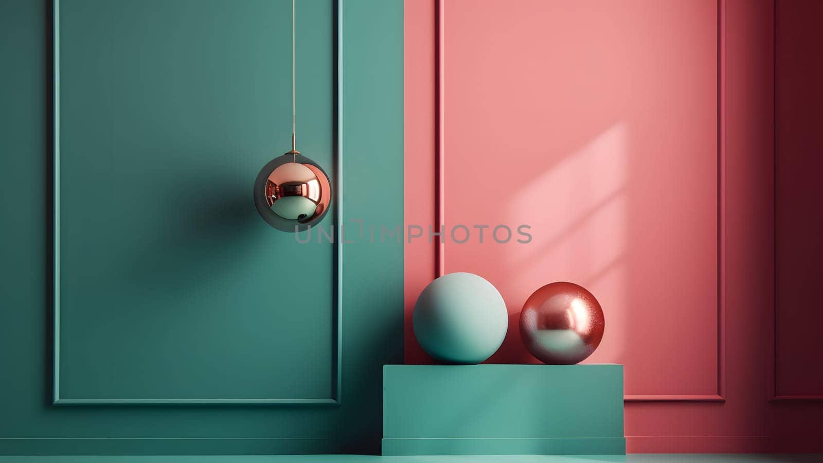 abstract composition of golden and pastel green balls onpink and green walls, neural network generated art by z1b