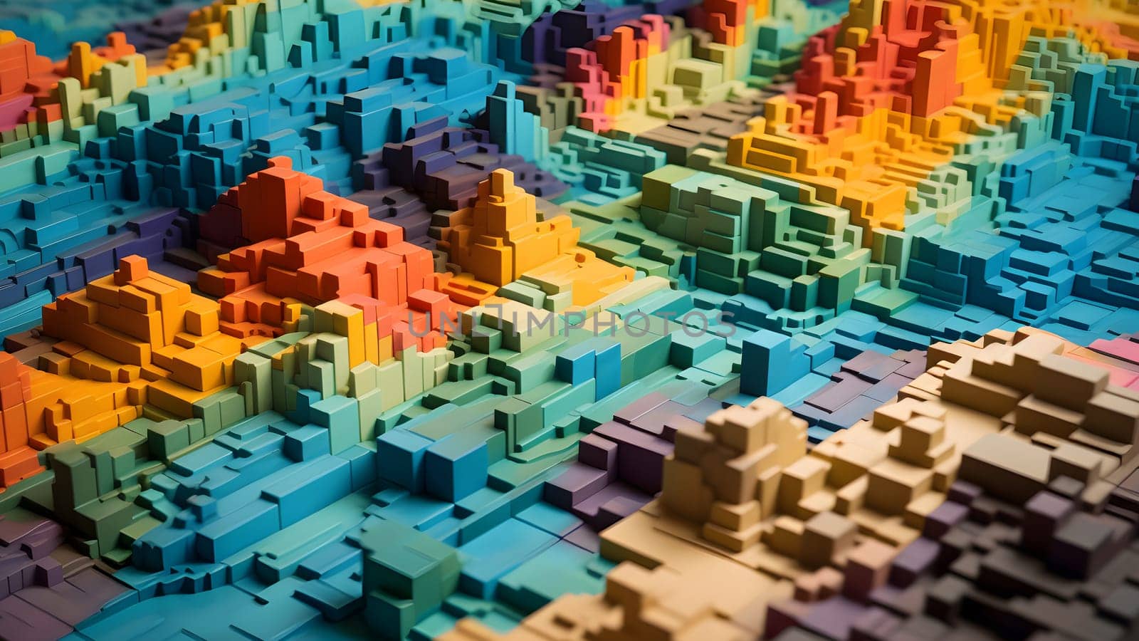 abstract full-frame topographic landscape model based on small colorful cubes. Neural network generated in May 2023. Not based on any actual person, scene or pattern.