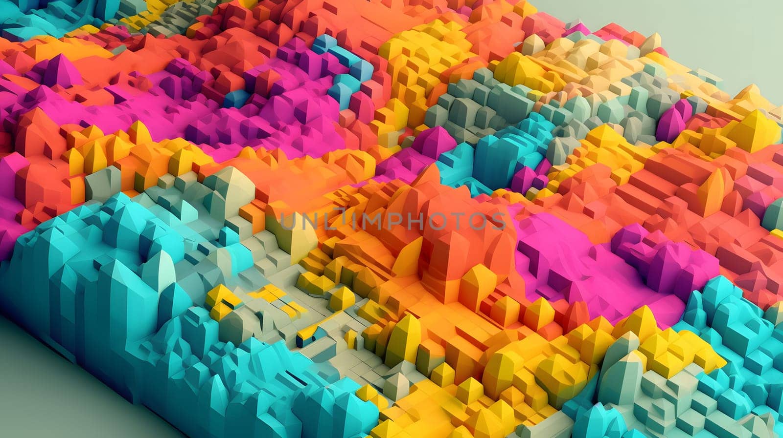 abstract topographic landscape model based on small colorful cubes. Neural network generated in May 2023. Not based on any actual person, scene or pattern.