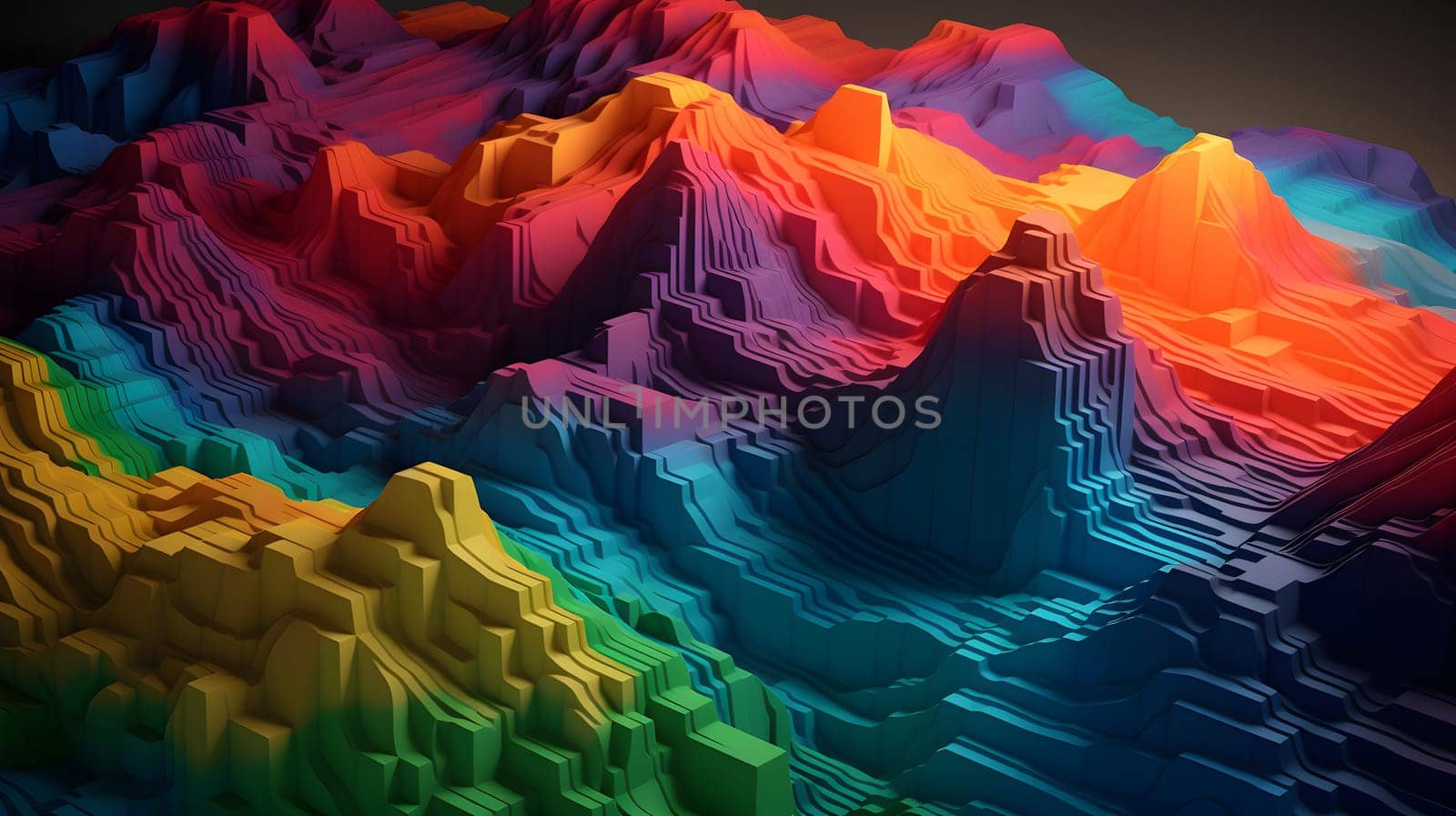 abstract topographic landscape model based on small colorful cubes. Neural network generated in May 2023. Not based on any actual person, scene or pattern.