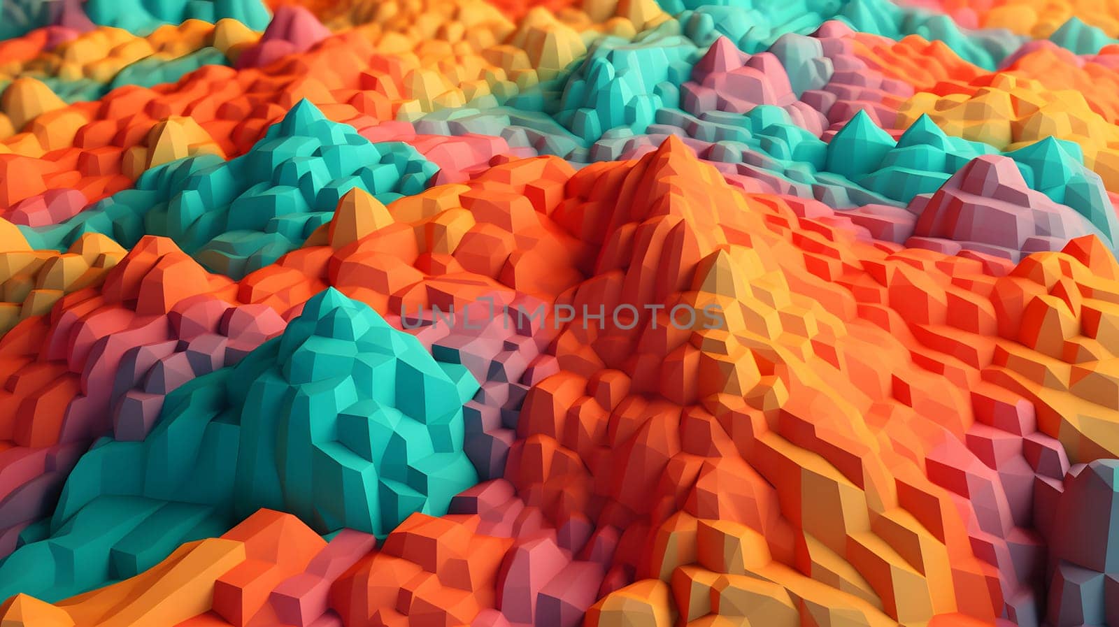 abstract full-frame topographic landscape model based on small colorful cubes. Neural network generated in May 2023. Not based on any actual person, scene or pattern.