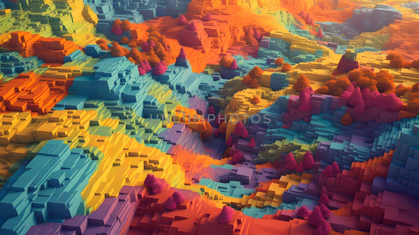 abstract topographic landscape model based on small colorful cubes, neural network generated art by z1b