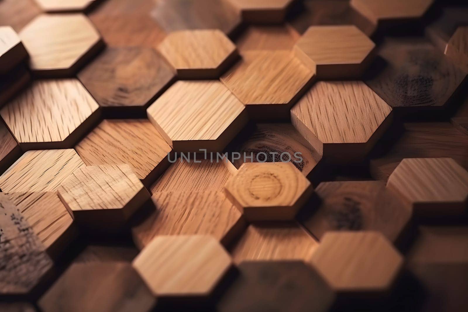 closeup full-frame background of tiled hexagonal wooden dowel ends, neural network generated art by z1b