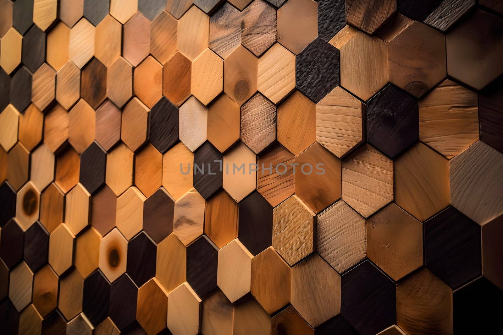 closeup full-frame background of tiled hexagonal wooden dowel ends, neural network generated art by z1b