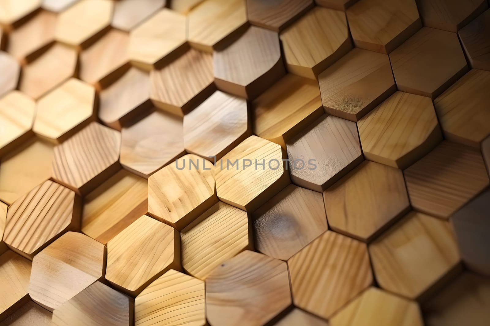 Closeup full-frame background of tiled hexagonal wooden dowel ends. Neural network generated in May 2023. Not based on any actual person, scene or pattern.