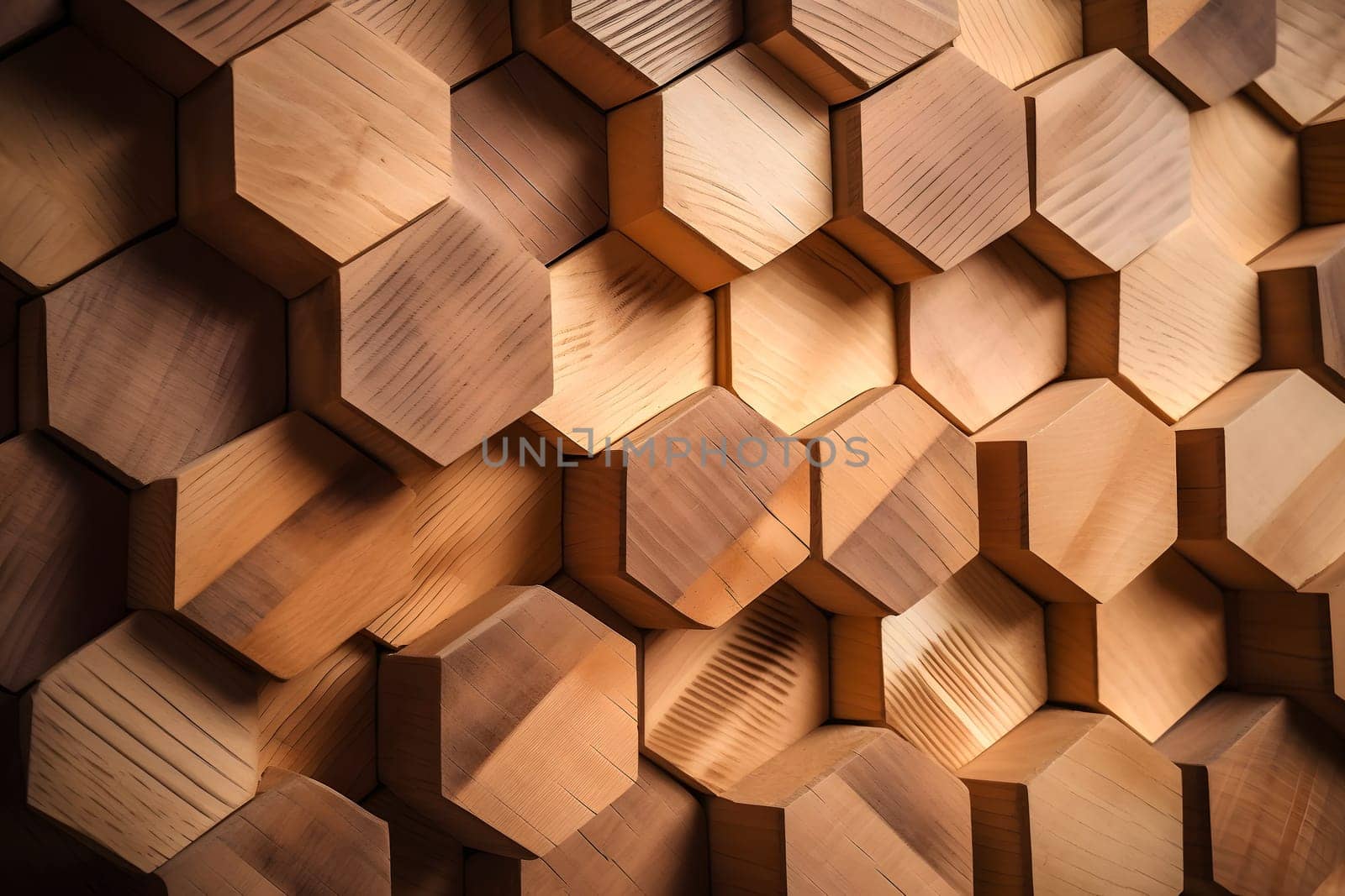Closeup full-frame background of tiled hexagonal wooden dowel ends. Neural network generated in May 2023. Not based on any actual person, scene or pattern.