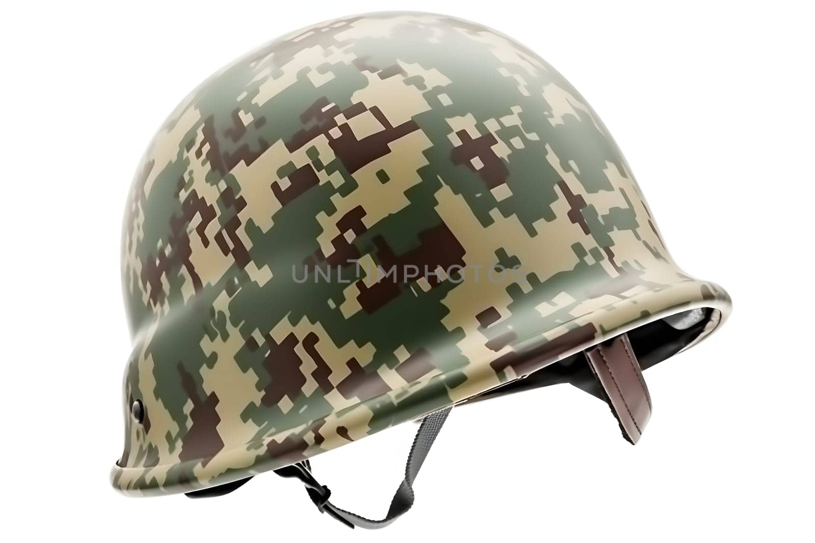 20-th century combat infantry helmet on white background. Neural network generated in May 2023. Not based on any actual person, scene or pattern.