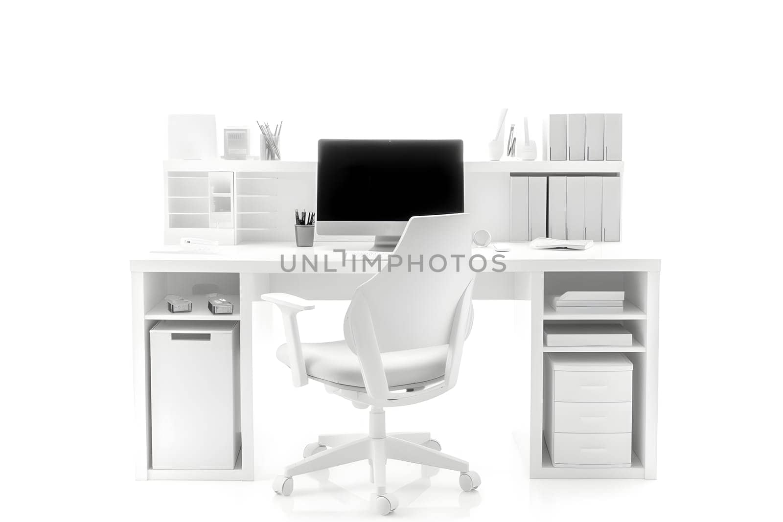 Office workplace desk in front of empty chair isolated on white background. Neural network generated in May 2023. Not based on any actual person, scene or pattern.