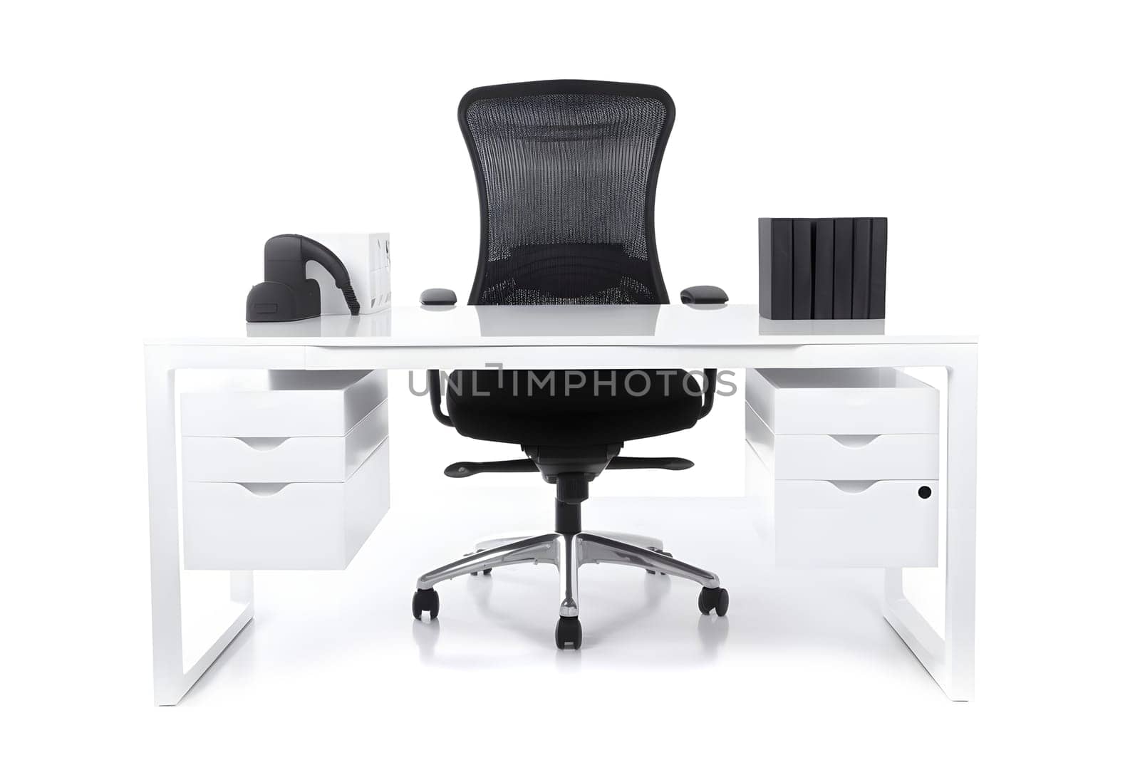 Office workplace desk in front of empty chair isolated on white background. Neural network generated in May 2023. Not based on any actual scene or pattern.