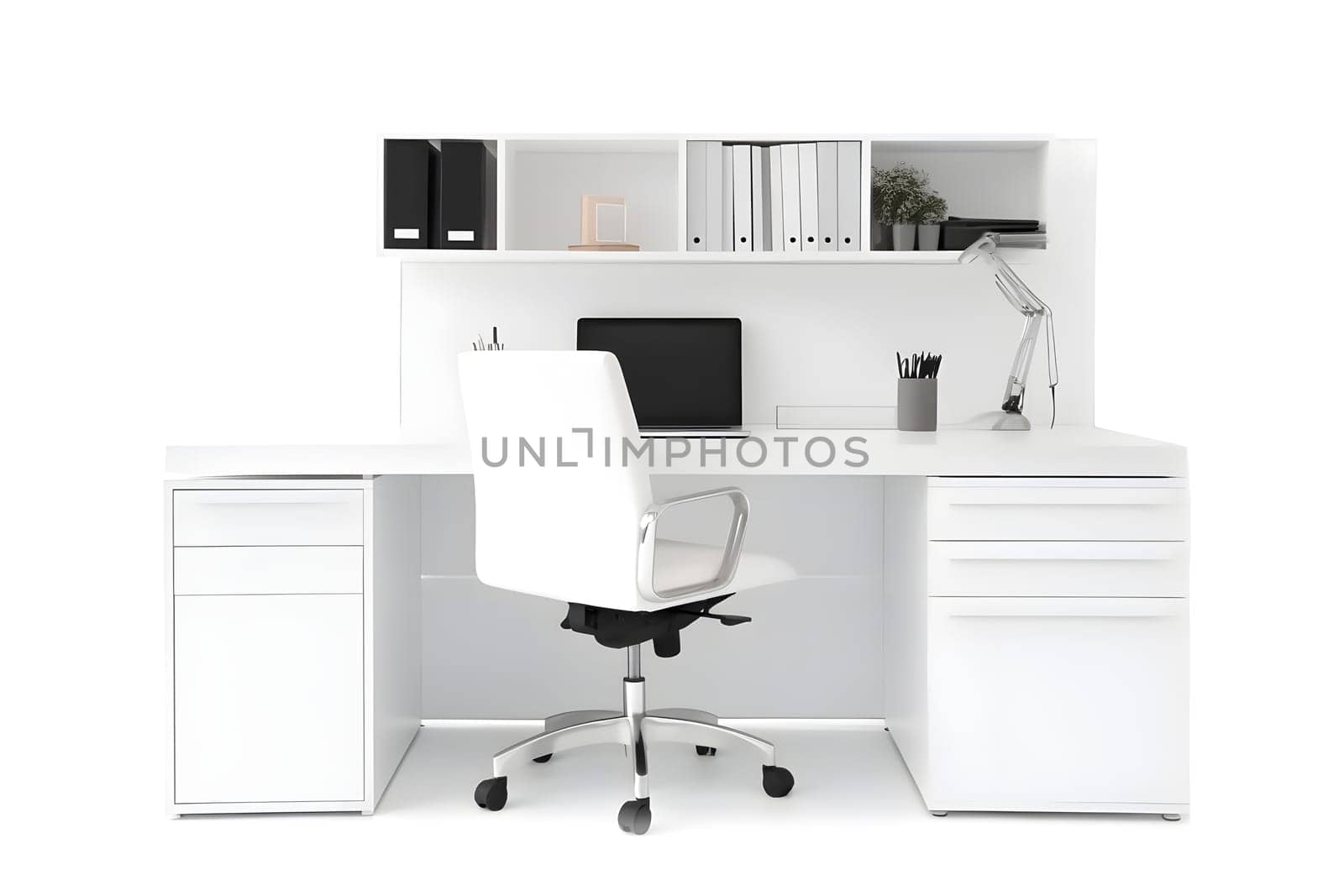 Office workplace desk in front of empty chair on white background. Neural network generated in May 2023. Not based on any actual scene or pattern.