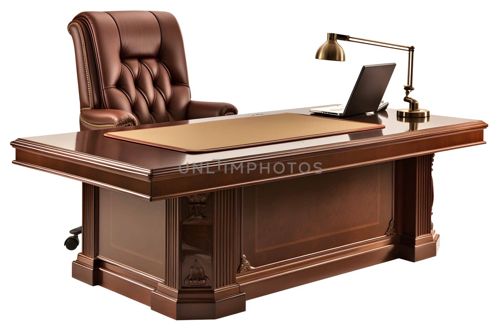 Heavy wooden executive desk with armchair isolated on white background. Neural network generated in May 2023. Not based on any actual person, scene or pattern.