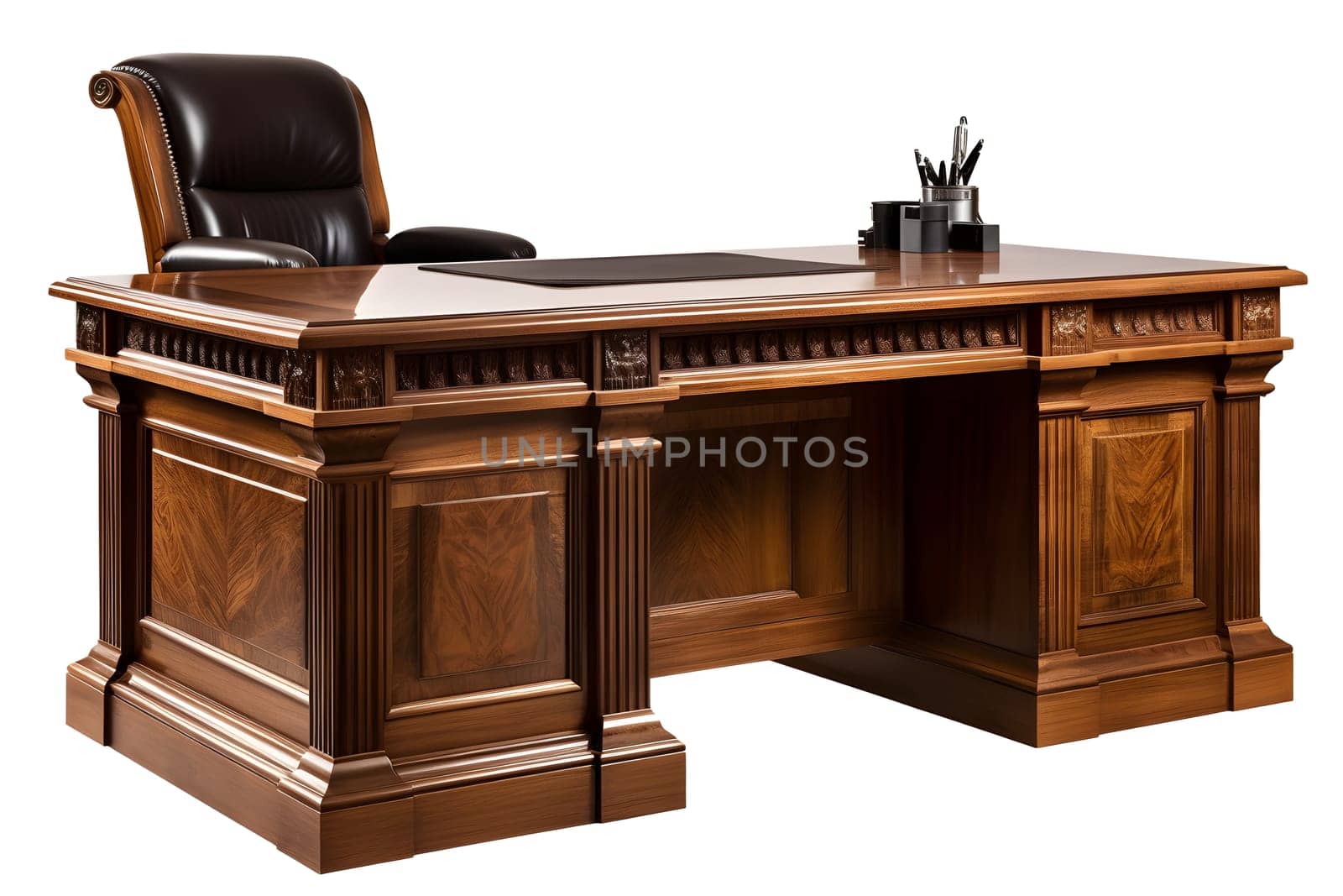 Heavy wooden executive desk with armchair isolated on white background. Neural network generated in May 2023. Not based on any actual person, scene or pattern.